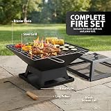 ZENO Square Fire Pit 3 in 1 BBQ Grill Patio Heater Mesh Lid Log Poker view 6