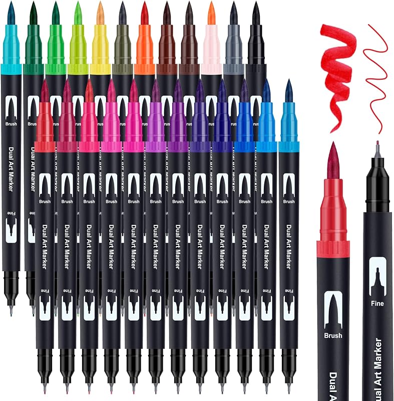 Pennarelli da colorare, con punta in feltro, 24 colori, a doppia punta, per bambini e adulti, per colorare con punta fineliner per disegnare, calligrafia, pittura, lettering Journal