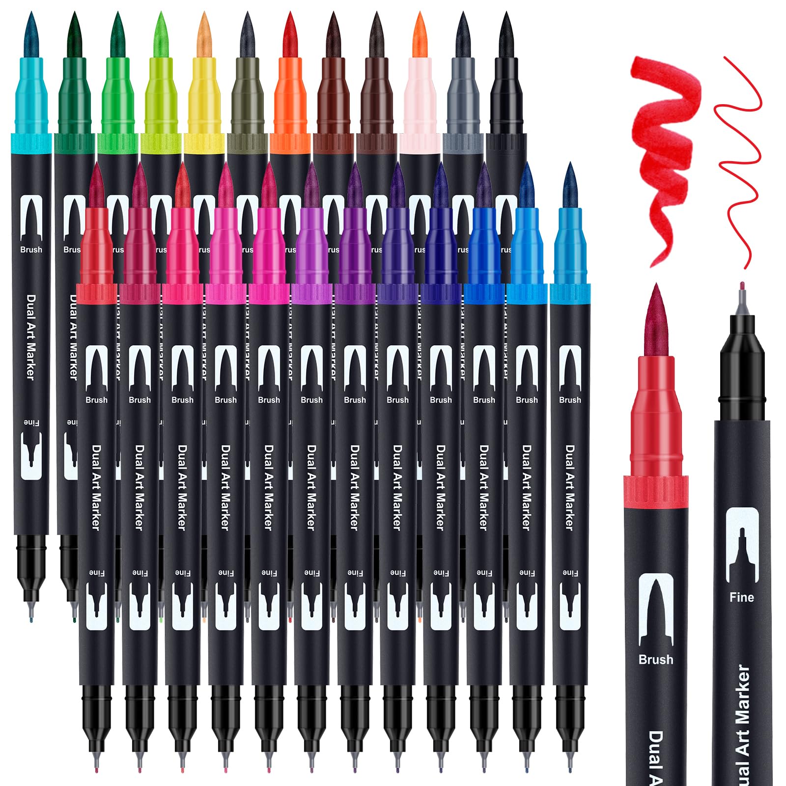 AKARUED Dual Tip Brush Pens: 24 Colouring Pens for Adults Colouring Book, Felt Tip Pen Art Markers, Art Supplies Fineliner Brush Marker for Calligraphy Drawing