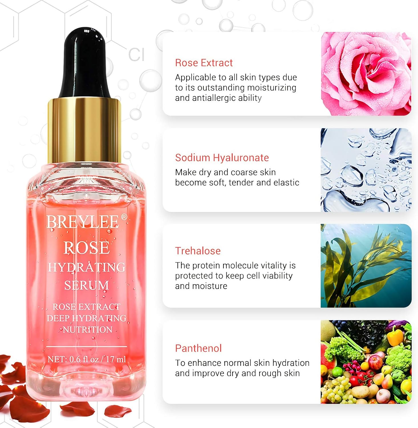 Rose Face Serum, BREYLEE Moisturizing Serum Hydrating Face Serum Rose Essence with Rose Petals Extract Hyaluronic Acid Trehalose B5 Vitamin Alcohol Free Facial Skin Care(17ml,0.6fl oz): Kitchen & Dining
