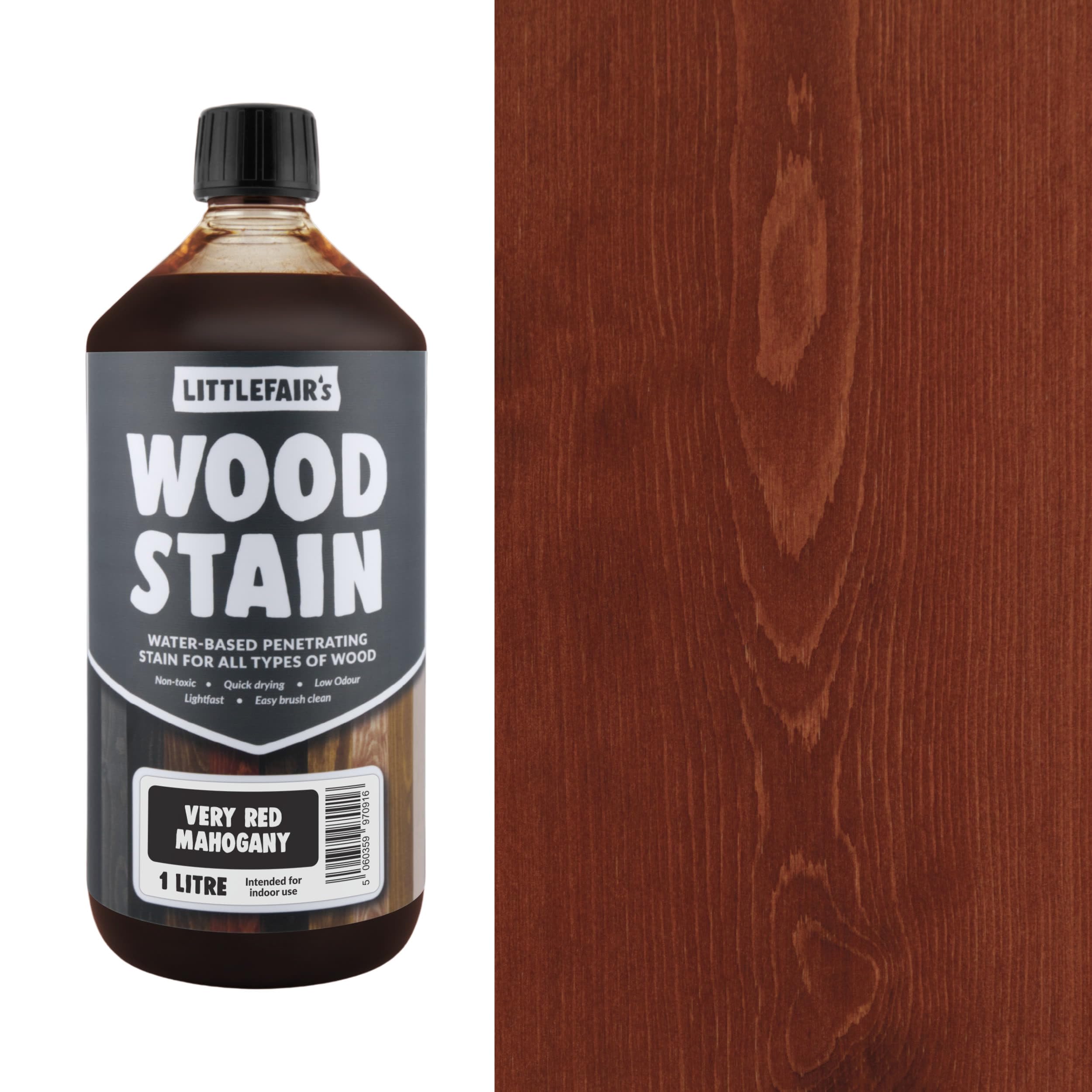 Littlefair's Wood Stain Water-Based - (Very Red Mahogany) – Non-Toxic, Eco-Friendly & Quick Drying - Easy-to-Apply, Concentrated Formula for All Wood Types – 1 LTR