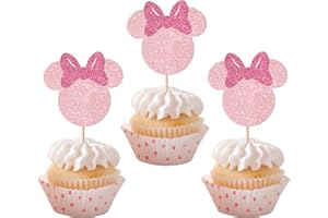 YCTHUNFISH 36 Pack Mini Mouse Inspired Cupcake Toppers Glitter Mouse Birthday Cupcake Picks with Bow for Baby Shower Kids Birthday Party Cake Decorations Supplies Gold Rosegold Pink