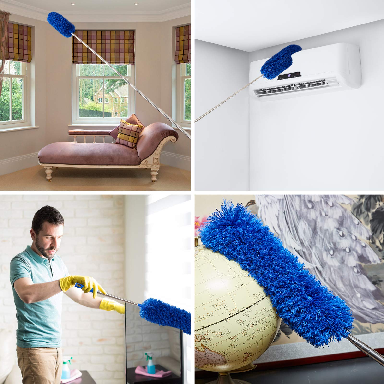 Cobweb Duster with Extension Pole, Washable Cleaning Duster Kit with 2 Duster Heads, Cobweb Duster, Corner Brush, 15-100 Inch Long Aluminum Telescoping Pole for Ceiling Fan (Blue)