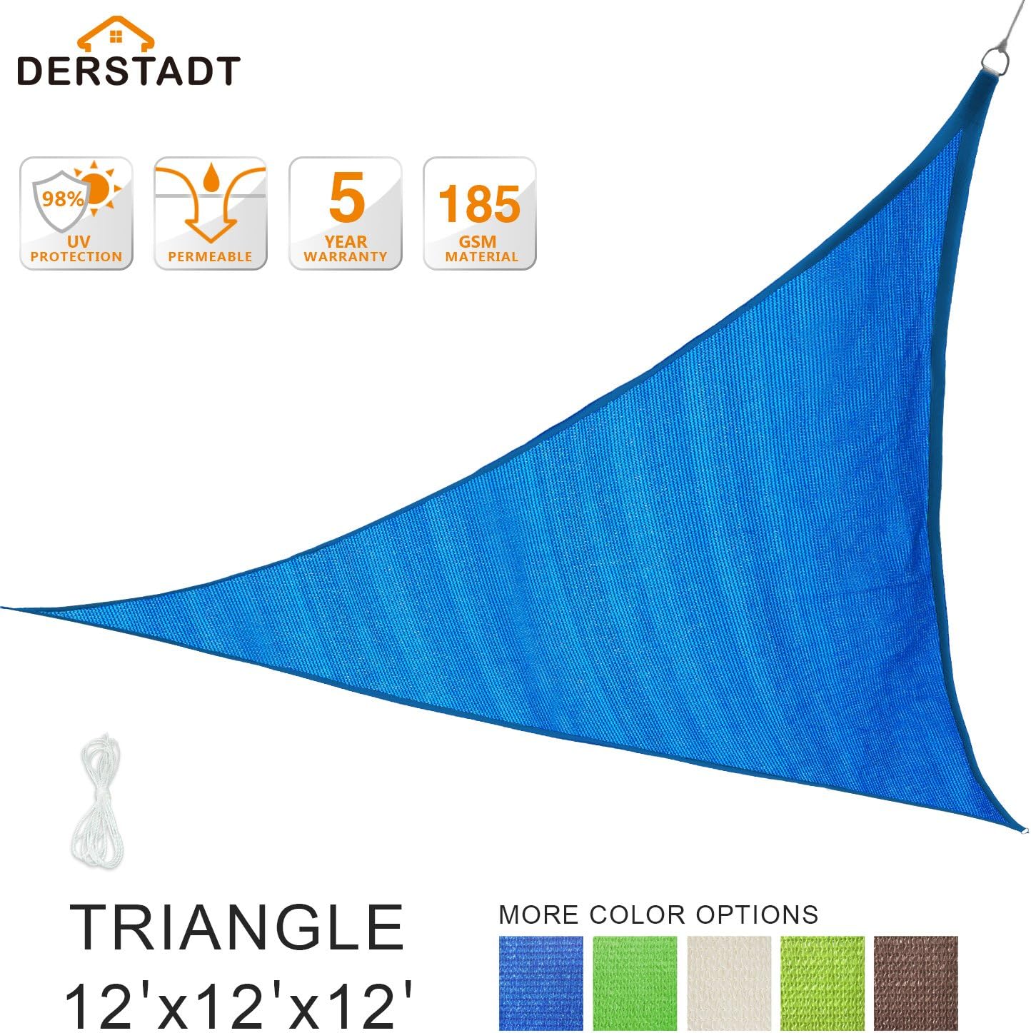Derstadt 12' x 12' x 12' Triangle Sun Shade Sail 98%+ UV Block Outdoor Patio Canopy Backyard 90+ UV Block Shelter (5 Years Warranty, 185GSM HDPE, 24.6’ PE Rope) (Blue)