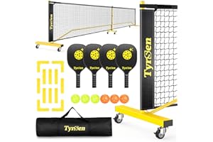 TYRSEN Pickleball Net Set, Pickleball Net on Wheels for Driveway Backyard, 22FT Regular Size, 4 Pickleball Paddles & 6 Balls, 12 Court Markers, 1 Carry Bag, Pickleball Set for Indoor Outdoor Play