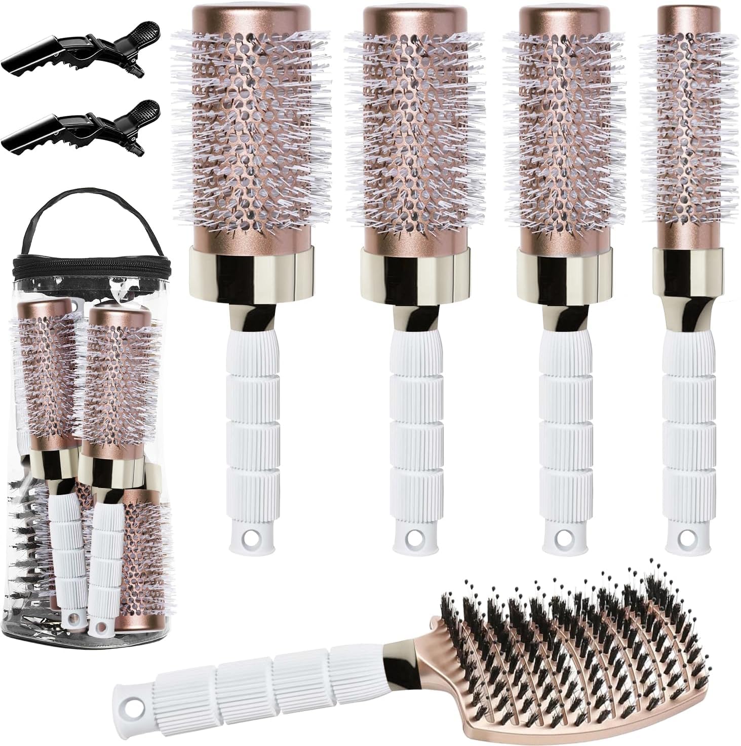 Aozzy 5PCS Round Brush Set with Boar Bristle Curved Vented Hair Brush, for Blow Drying, Styling, Make Hair Healthy, Shiny, and Soft