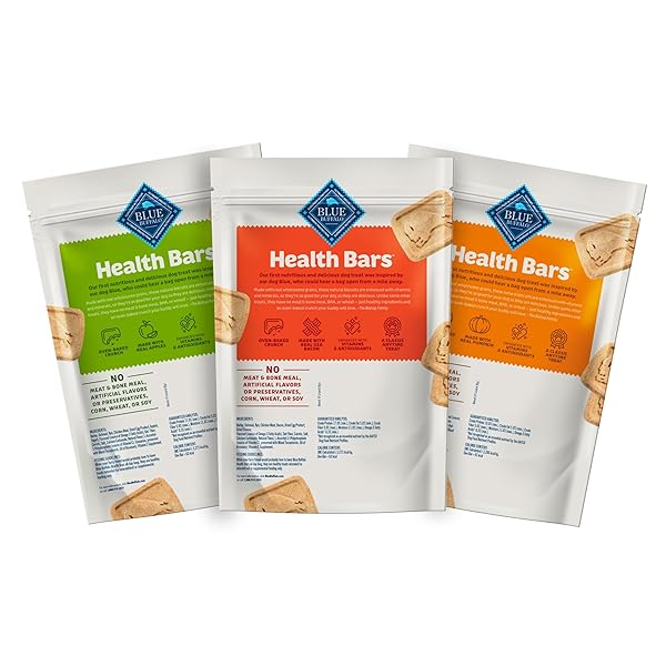 BLUE BUFFALO HEALTH BARS CRUNCHY DOG BISCUITS, VARIETY PACK, BACON, EGG & CHEESE, APPLE & YOGURT, PUMPKIN & CINNAMON, 16-OZ BAGS