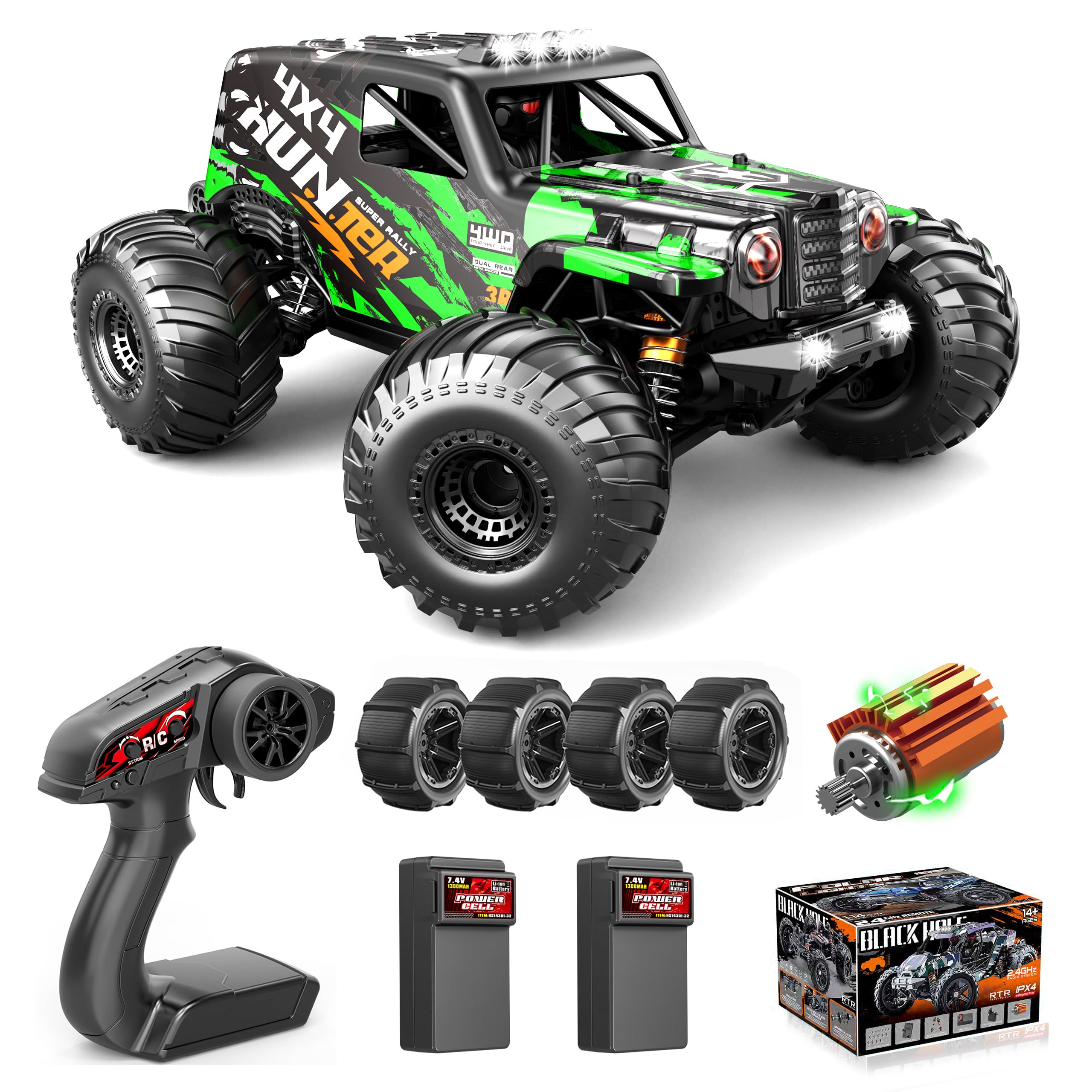 Womaqu RC Cars 1:14 Scale 4WD High-Speed Off-Road Truck, 40+ KM/H 4X4 Waterproof ESC Remote Control Car with Dual 7.4V 1300mAh Batteries, Extra Paddle Tires & Full Roll-Cage Frame for Adults & Boys