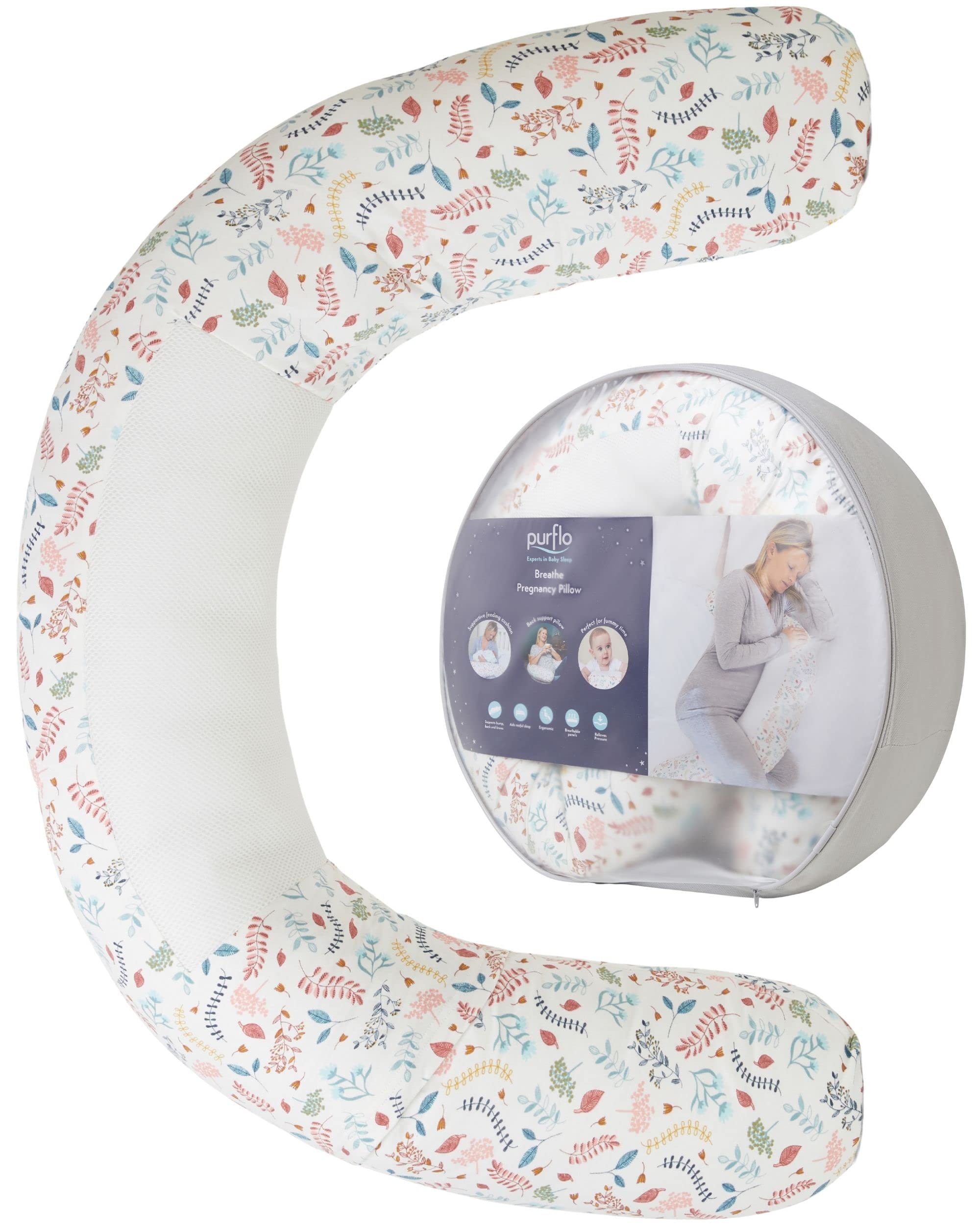 PurFlo Breathe Pregnancy Pillow | Revolutionary Fully Breathable Maternity Pillow With Luxurious Soft Jersey Cover | Use as Body Pillow, Leg Pillow, Nursing Pillow & Tummy Time Pillow | Botanical