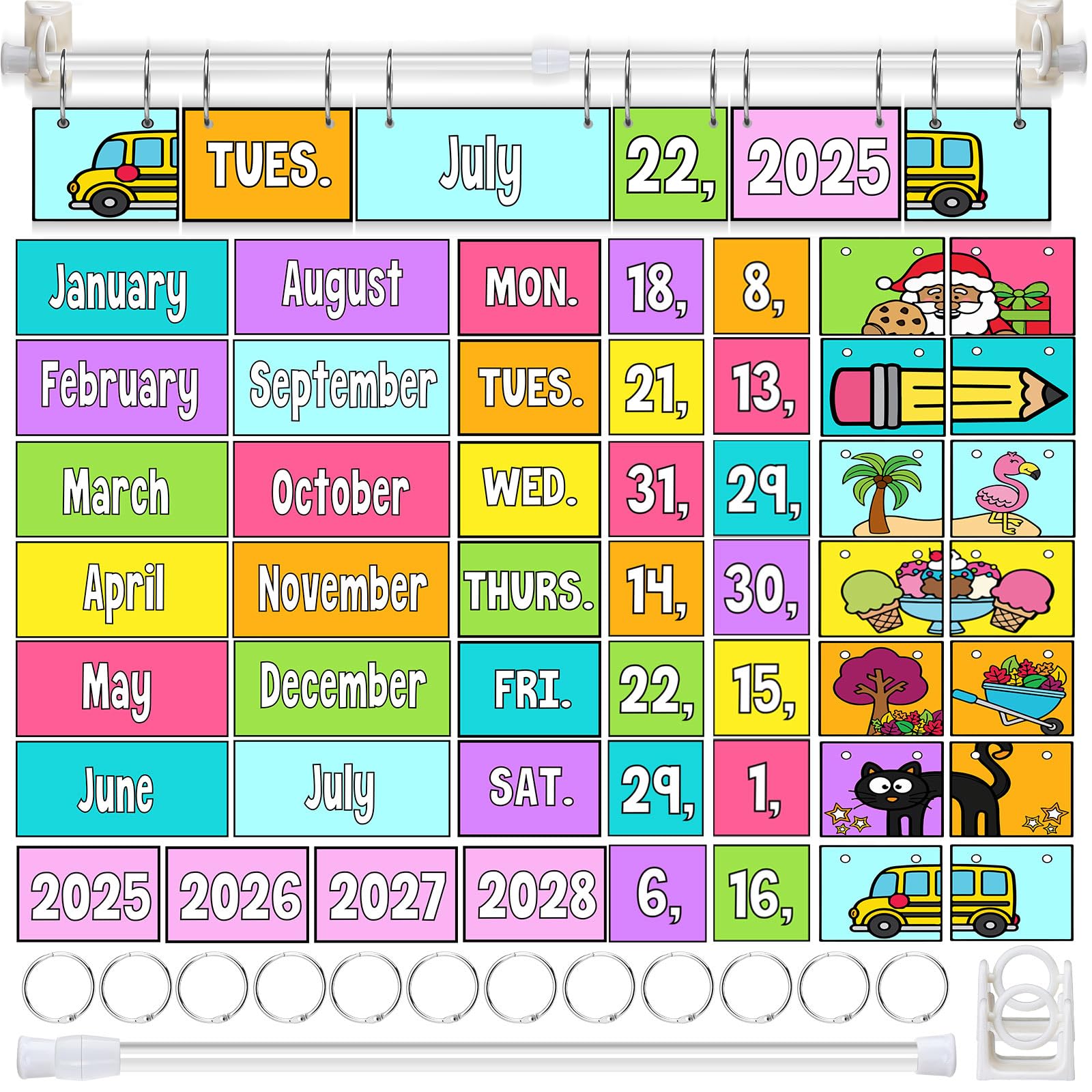 Photo 1 of (FAIR) TecUnite Neon Adjustable Flip Calendar Bulletin Board Set Colorful Calendar Holder Includes Bright 54 Date Cards for Classroom School Home Decor Supplies