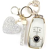 YIKECASE Key Fob Cover with Diamond Keychain Car Key Holder Compatible with Benz 2017-2021 E-Class 2018-2021 S-Class 2019-2021 A-Class C-Class G-Class for Women, 4 Buttons (White-Heart)