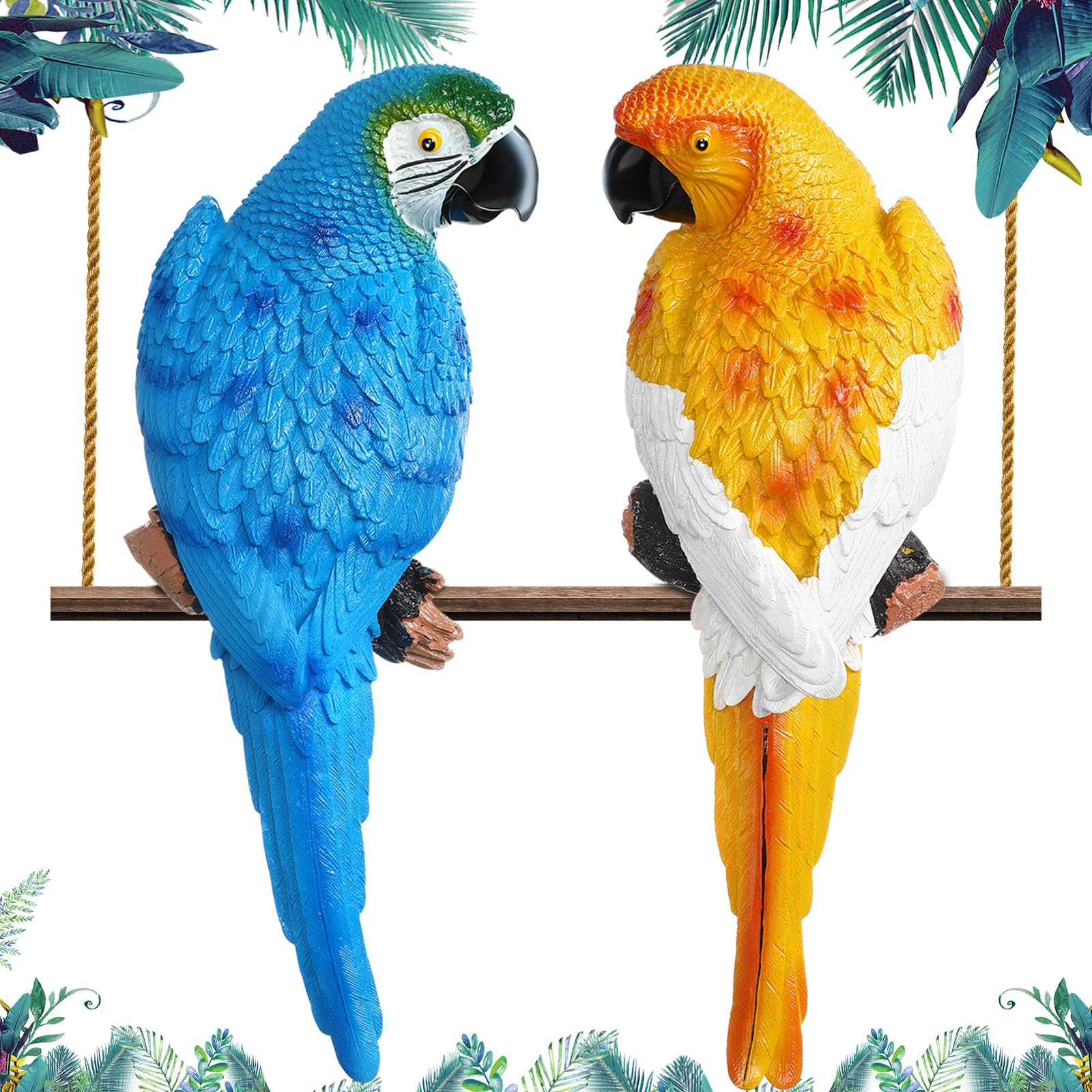 Photo 1 of 2 Pieces Parrot Decor Outdoor Tiki Bar Decorations Large Realistic Parrot Statues for Outside Lifelike Bird Sculptures Garden Patio Yard Lawn Figurines for Tropical Animal Tree Wall(Blue, Yellow)
