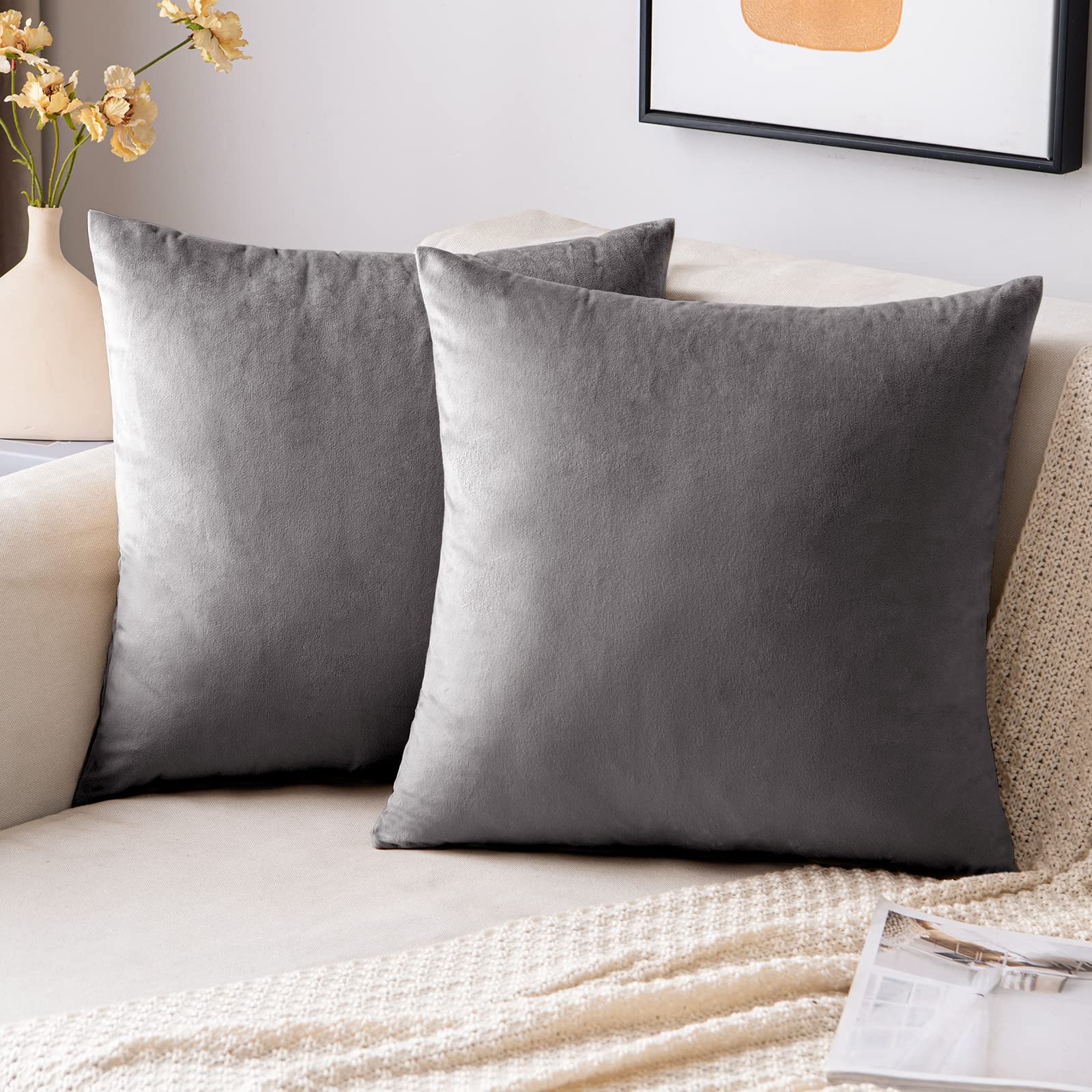 EMEMA Velvet Cushion Covers Grey Decorative Throw Pillow Case 18x18 Inch 45x45 cm Pillow Covers for Livingroom Sofa Bedroom Pack of 2 — image 1