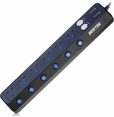 BESTEK 6 Way Extension Lead Surge Protector 900J 4 USB Ports 3250W 1.8m