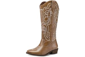 mysoft Women's Cowboy Boots Mid Calf Cowgirl Boots Embroidered Western Pointed Toe Chunky Heel Pull On Knee High Boots
