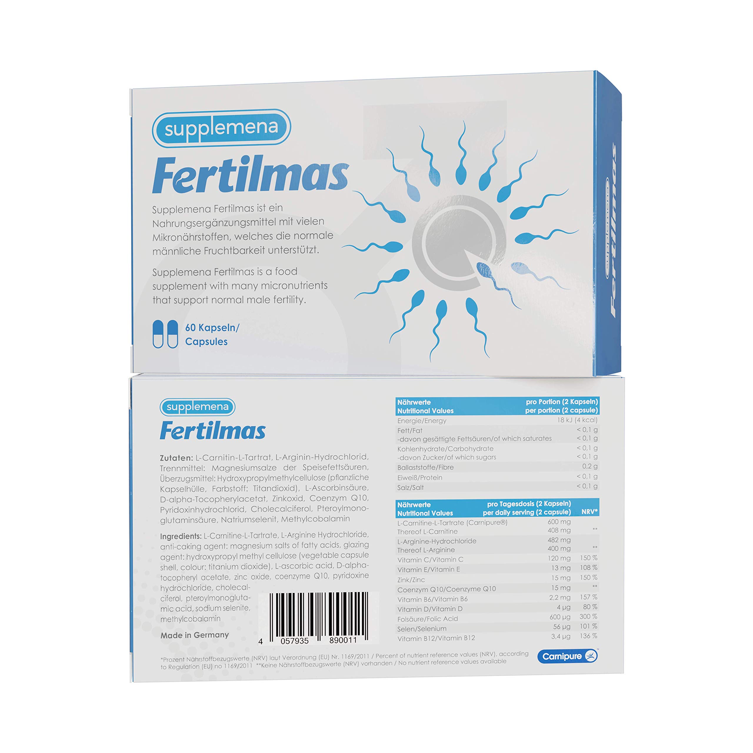 Fertilmas | Male Fertility Supplements | Support Sperm Health & Conception w/L-Carnitine, Folic Acid, CoQ10, Zinc, B12, Selenium | 2 Month Supply