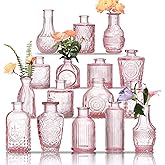 Glass Bud Vases Set of 16 - Pink Assorted Small Mini Glass Vases for Flowers, Crystal Vintage Vase Set, Bulk Centerpieces for Table Décor, Wedding, Home and Events (Pink, 16 Pcs)