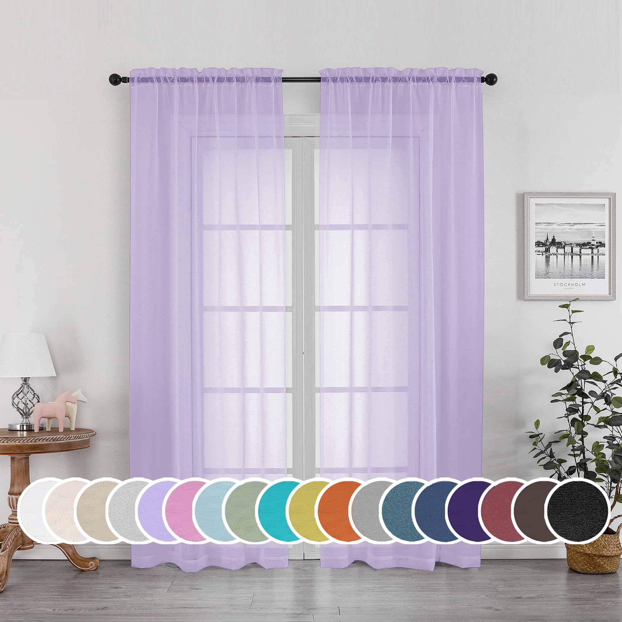 Photo 1 of OWENIE Lavender Sheer Curtains 72 Inches Long Set of 2, Airy Sheer Curtains & Drapes for Living Room Bedroom, Solid Voile French Door Curtain Rod Pocket Top, Light Purple, 2 Pcs Total 84 inch Width