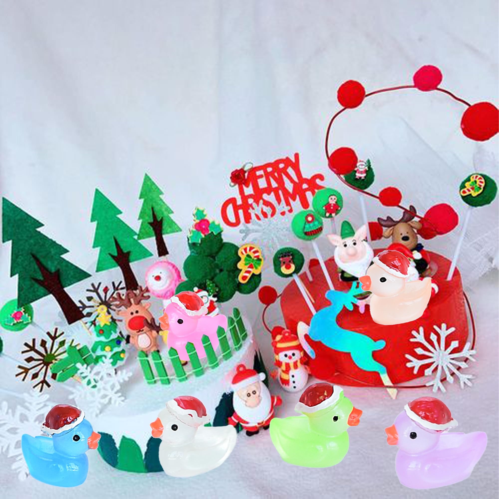 Tindobewan 50 PCS Tiny Ducks Glow in The Dark Mini Resin Ducks Miniature Christmas Hat Duck Figures Ornament for Xmas, Craft, Dollhouse, Slime, Home Decorations(10 Colors)
