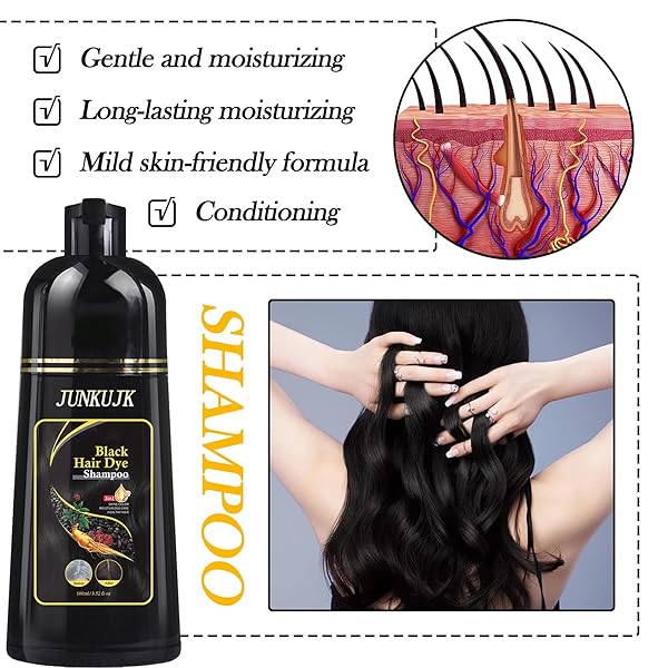 JUNKUJK BLACK HAIR DYE SHAMPOO 3 IN 1, BLACK HAIR SHAMPOO FOR GRAY HAIR COVERAGE,INSTANT HAIR COLOR SHAMPOO FOR WOMEN & MEN