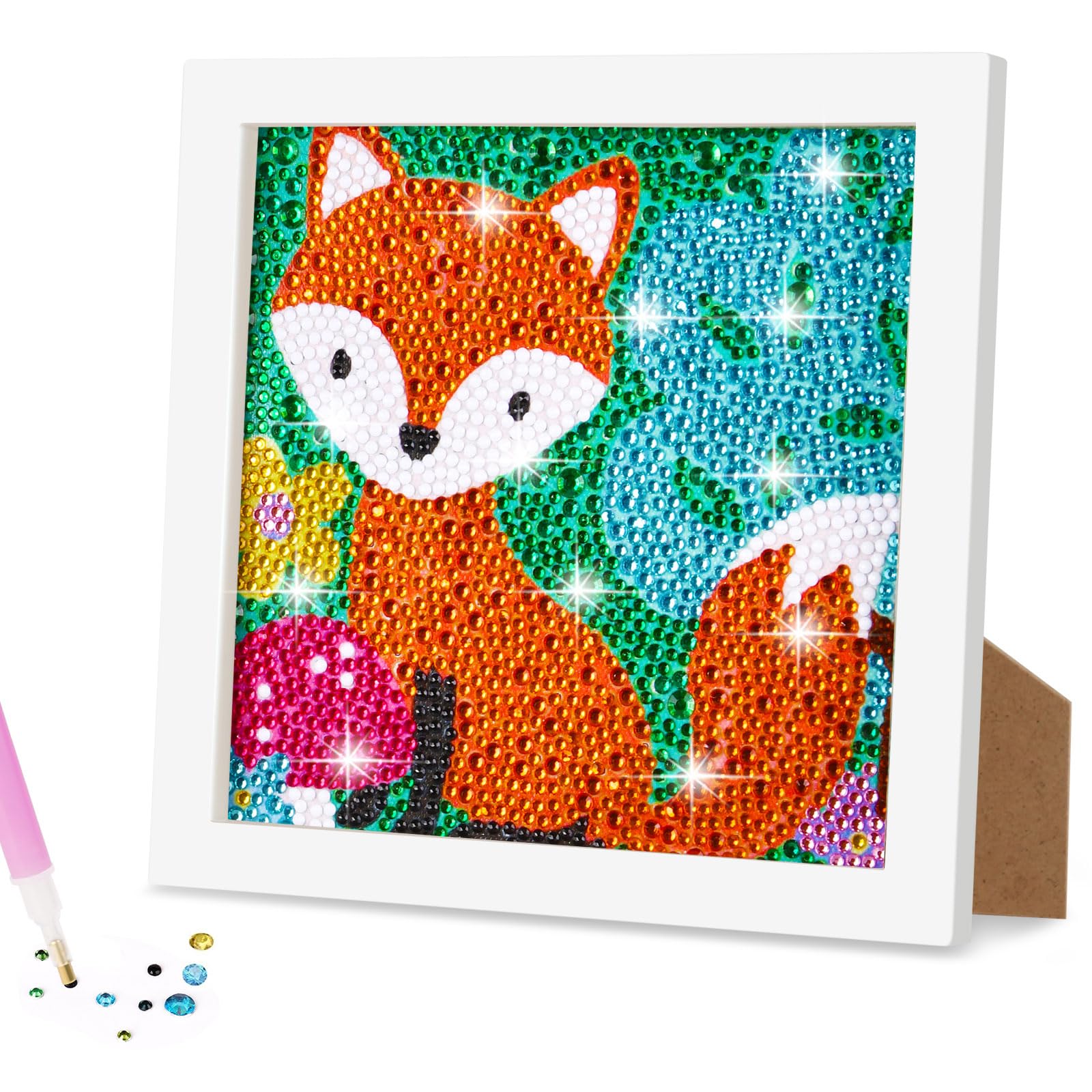 AUAUY 5D DIY Diamond Art Painting Kit, Fox Diamond Painting Kits for Adults, Full Drill Crystal Rhinestone Arts and Crafts with Wooden Frame, Diamond Art Gem Painting Beginners