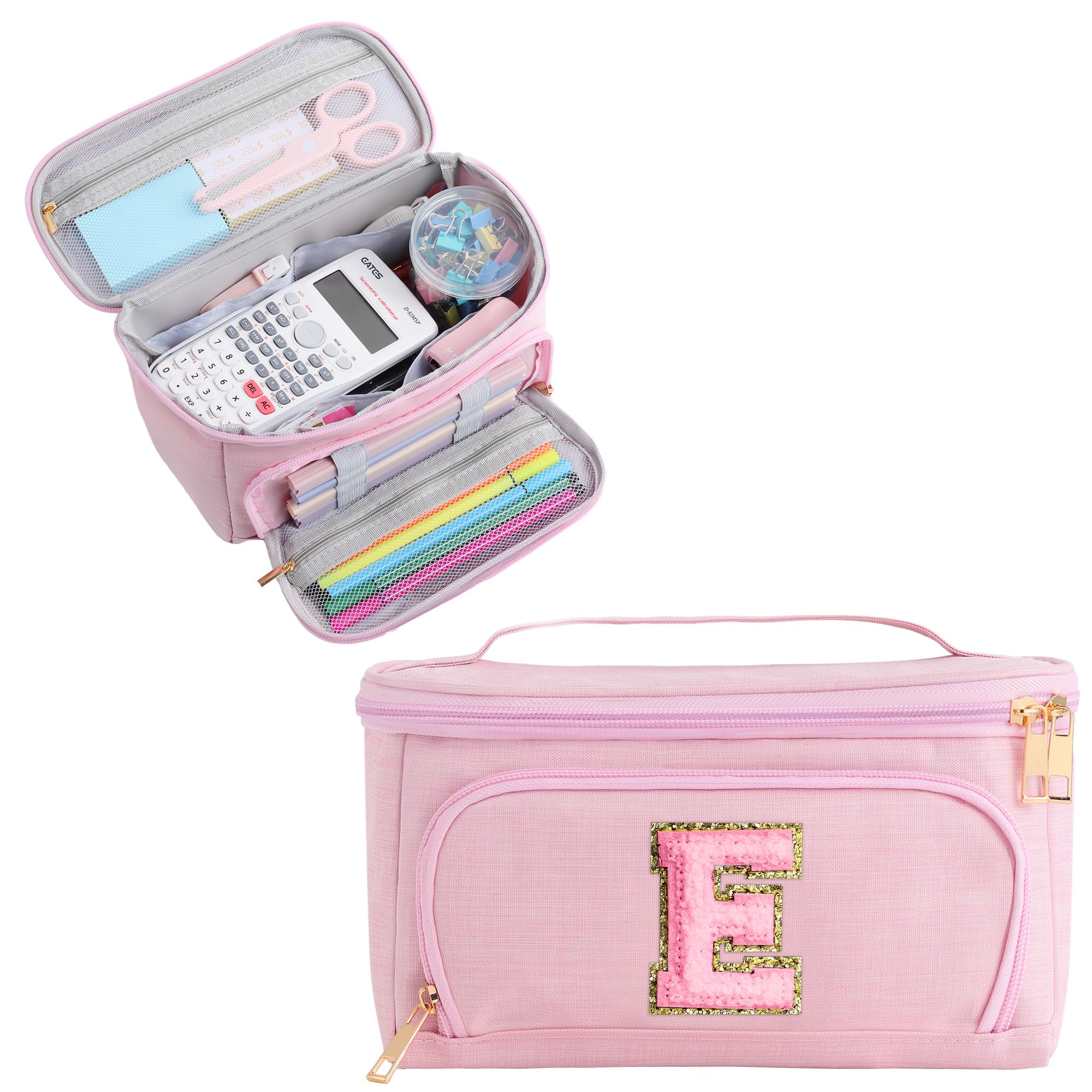 Photo 1 of YOOLIFE Initial Pencil Case Large Capacity Pencil Pouch Handheld Pen Bag Cute Portable Gift for Office School Teen Girl Women 11 12 13 14 Year Old Girl Gifts Aesthetic Pencil Case Pencil Pouch Pink E
