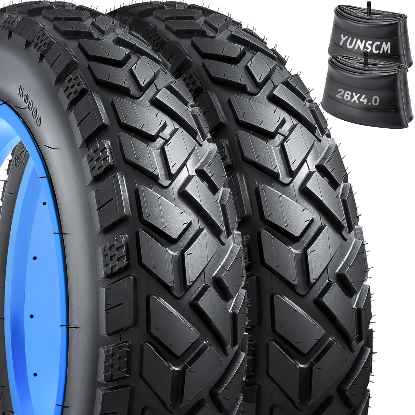Photo 1 of YUNSCM 2-PCS 26" Heavy Duty Fat E-Bike Tires 26 x 4.0/102-559 and 2-PCS 26"x4.0" Bike Tubes Scharder Valve Compatible with 26x4.0 26x4 E-Bike All-Terrain Directional Tread Bicycle Tires and Tubes