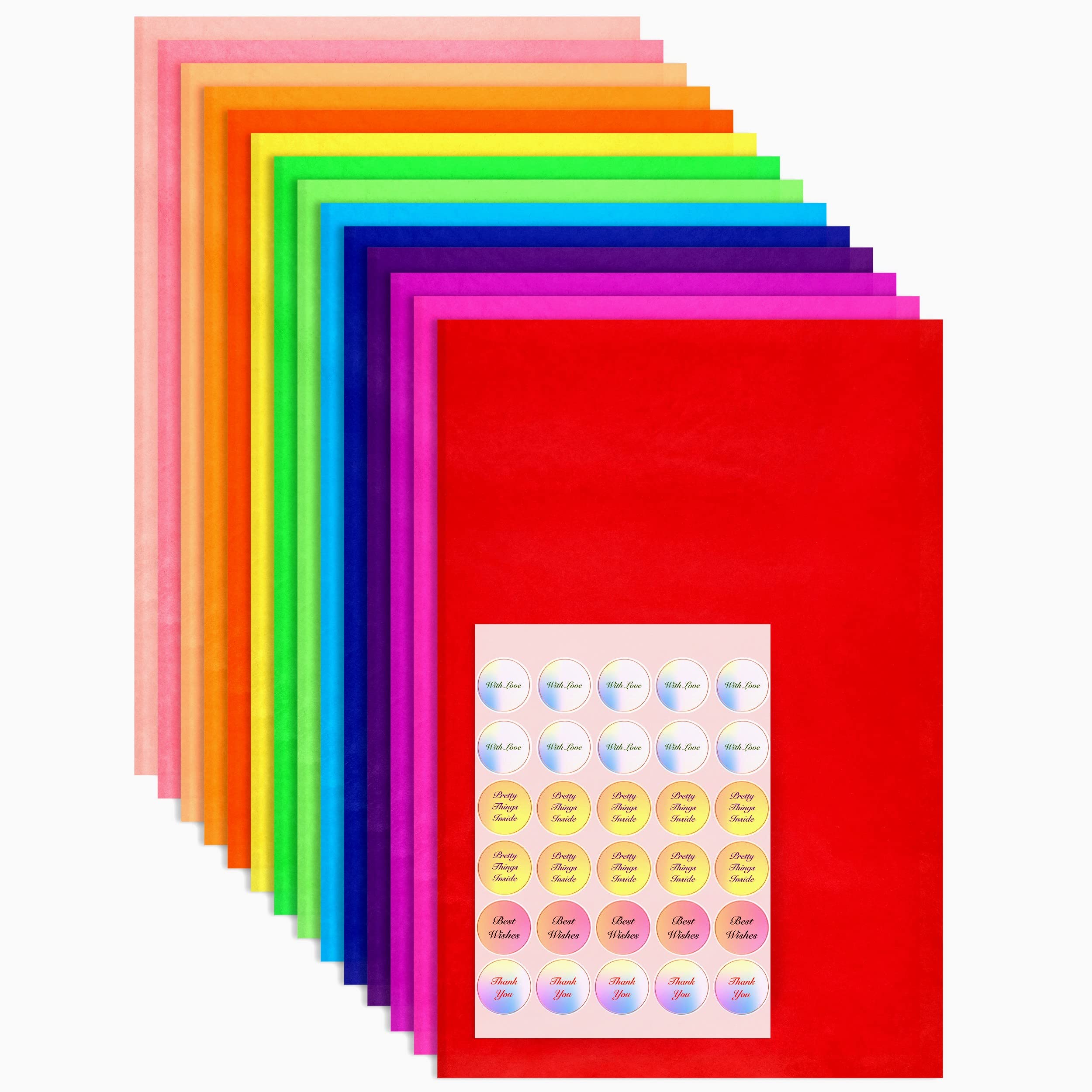 42 Large Coloured Tissue Paper for Wrapping Gifts Acid-Free 50X75CM Sheets for Packaging and Wrapping Gift Boxes and Bags with Stickers, Crafting for Kids