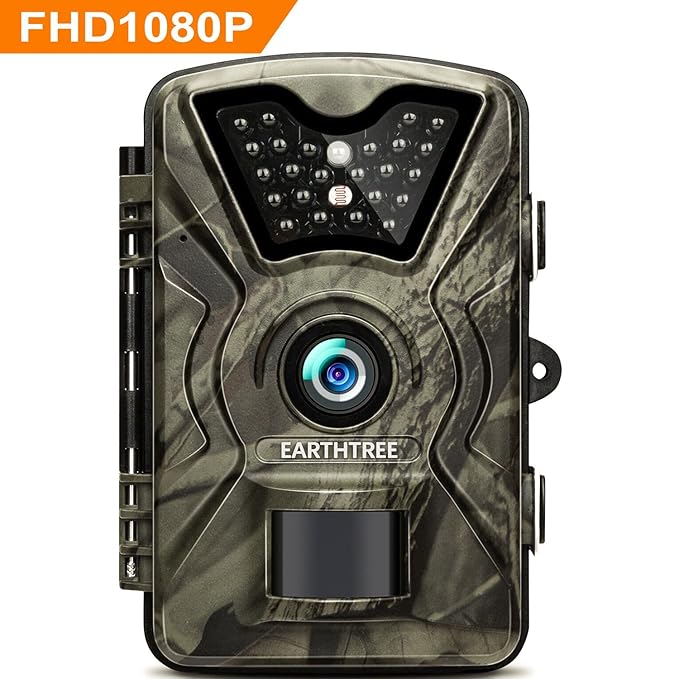 EARTHTREE Wildkamera, 14MP 1080P Full HD Jagdkamera Low Glow Infrarot 20m Nachtsicht Überwachungskamera 2.4' LCD IP66 Wasserd