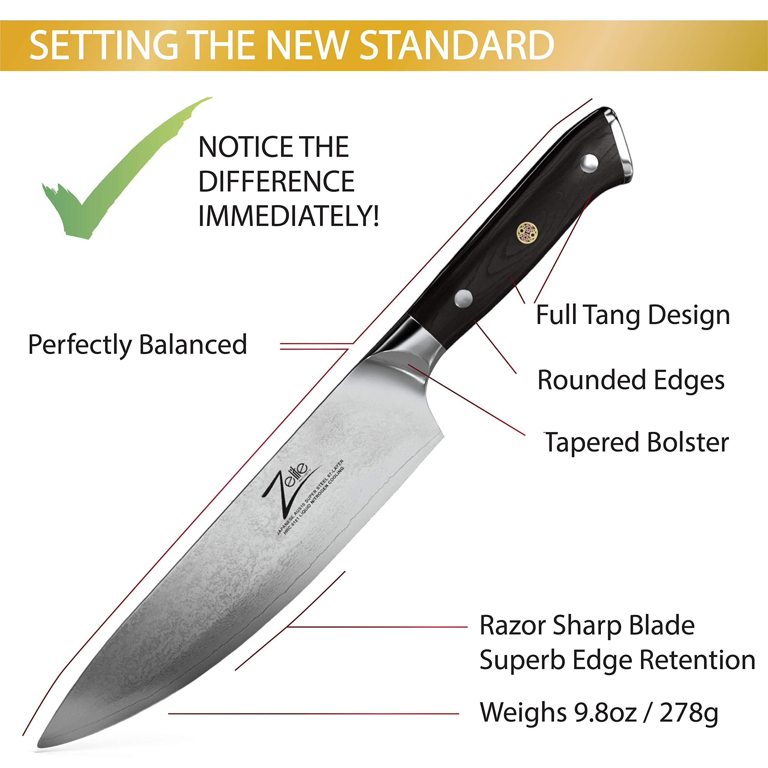 Zelite Infinity Chef Knife 8 Inch, Damascus Japanese AUS10 Super