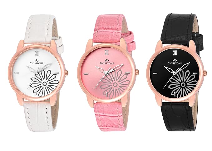 White Analogue Leather Strap Watch Combo for Women
