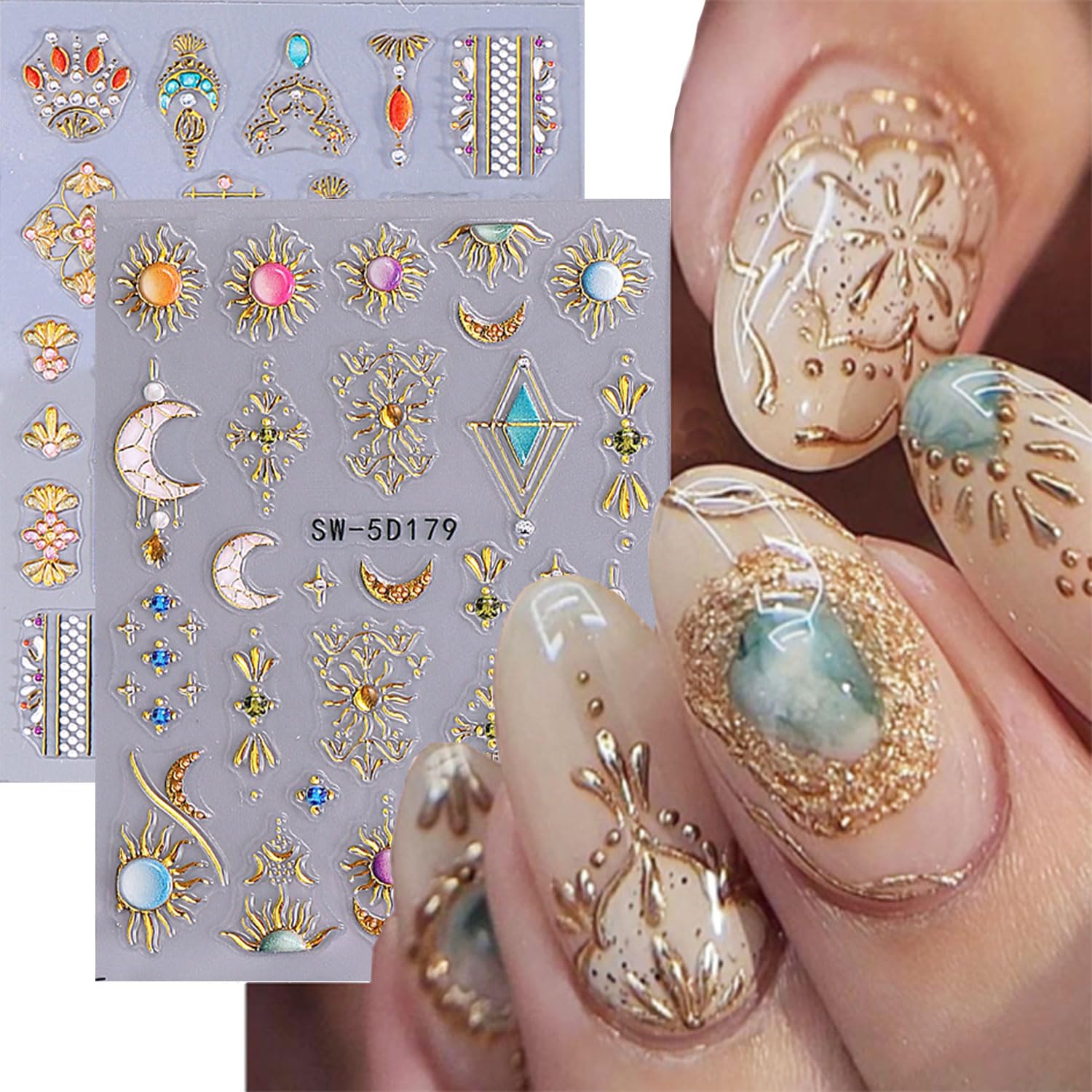 Photo 1 of 2 Sheets 5D Embossed Star Moon Nail Art Stickers Sun Rhinestones Nail Stickers Designs Nail Decals Supplies Self Adhesive Nails Sticker for Women DIY Acrylic Nail Accessories