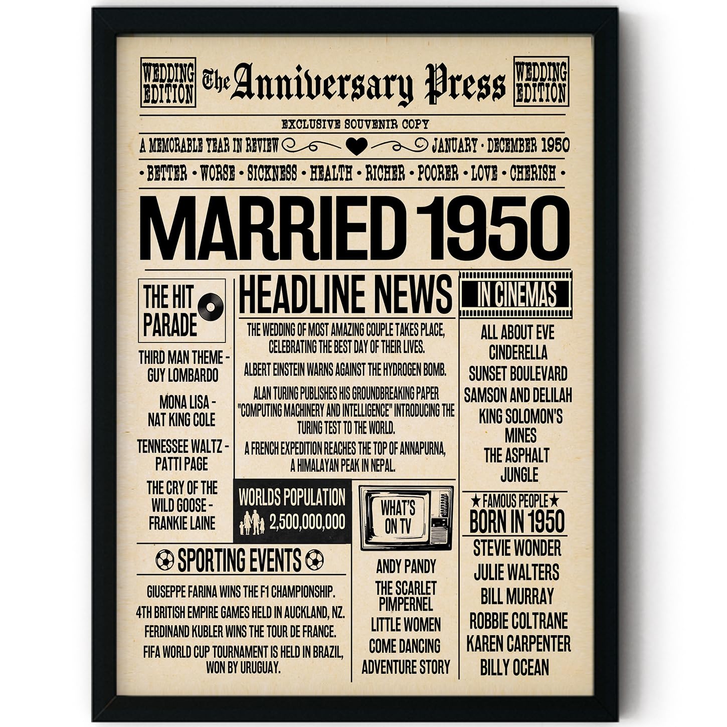 Stuff4 76th Anniversary Poster Framed - Married In 1950 Newspaper - Happy 76th Wedding Anniversary for Men Women Vintage Gifts Retro Back In 1950, 8x10 Inch Anniversaries Posters