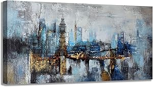 Large Wall Art Abstract City View Canvas Art Wall Decor for Living Room Modern Home Decor Gray Blue Buildings Prints for Bedroom Office Pictures Artwork Wall Decorations for Living Room 24x48 inch
