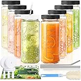 8 Pack 16oz Glass Juice Bottles with Lids - Juicing Bottles with Thickened Leakproof Caps & Custom Designs, High-Clarity Reusable Glass Bottles for Juicing, Smoothies, Kombucha and Iced Coffee