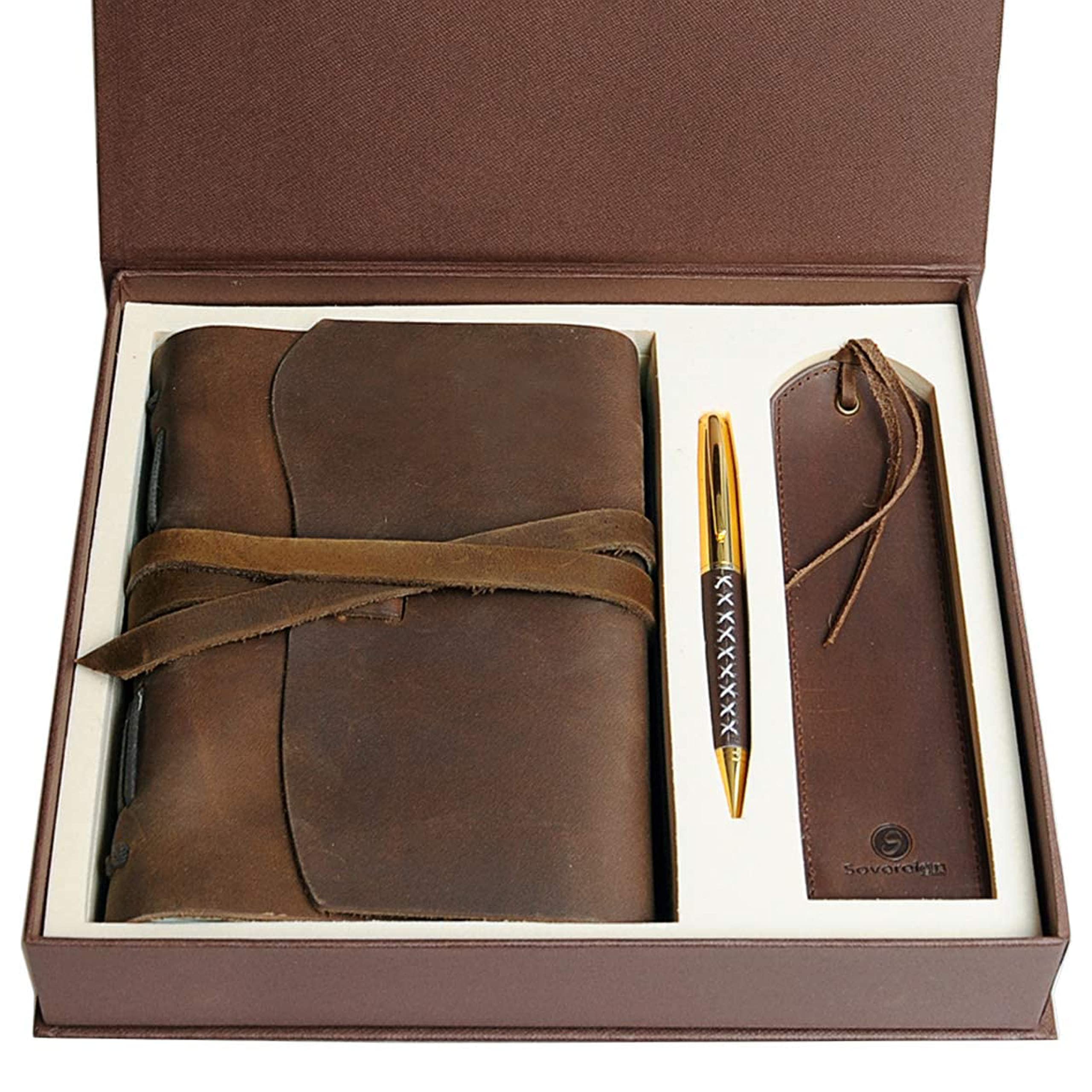 Sovereign-Gear Leather Journal Gift Set Handmade Antique Leather Bookmark + Pen, Vintage A5 Writing Notebook Unlined Bound Daily Notepad For Men & Women, Best Travel Diary To Write In 20x15cm