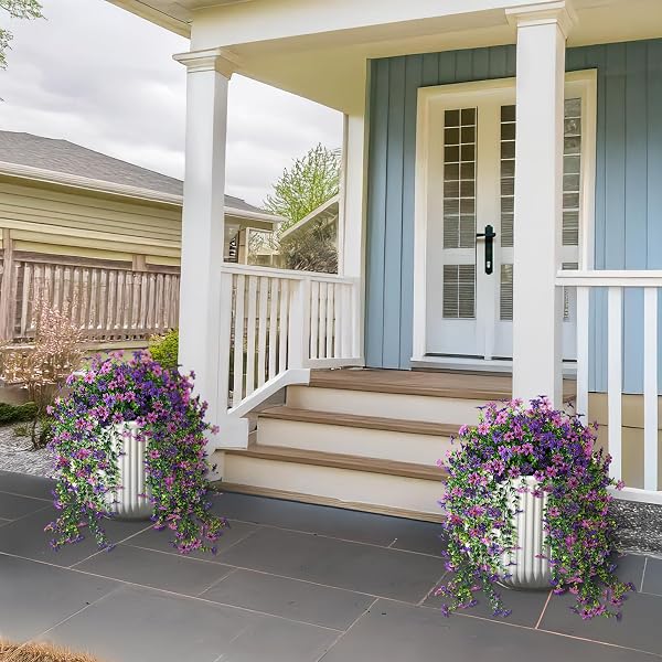 ARTIFICIAL HANGING FLOWERS FOR OUTDOORS, 2 PCS FAKE HANGING PLANT SPRING SUMMER DECOR, UV RESISTANT NO FADE REALISTIC FAUX FLOWER FOR FRONT DOOR PORCH PLANTER PATIO GARDEN YARD(DOUBLE PURPLE)