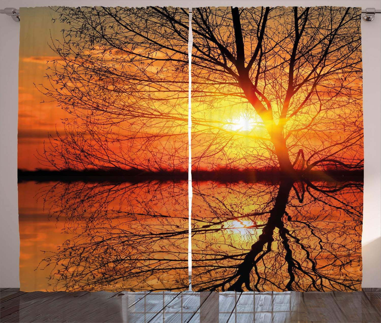 ABAKUHAUS Autumn Curtains, Leafless Tree in Fall on Sunset Backdrop Horizon with Water Reflection Panorama, Living Room Bedroom Window Drapes 2 Panel Set, 280 x 245 cm, Black Orange