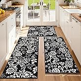 LOKHOM Boho Kitchen Rugs Sets of 3, Non Slip High-Low Textured Kitchen Mats for Floor with Rubber Backing, Paisley Floral Washable Carpet Runner for Hallways Entryway Laundry Sink (Black & White)