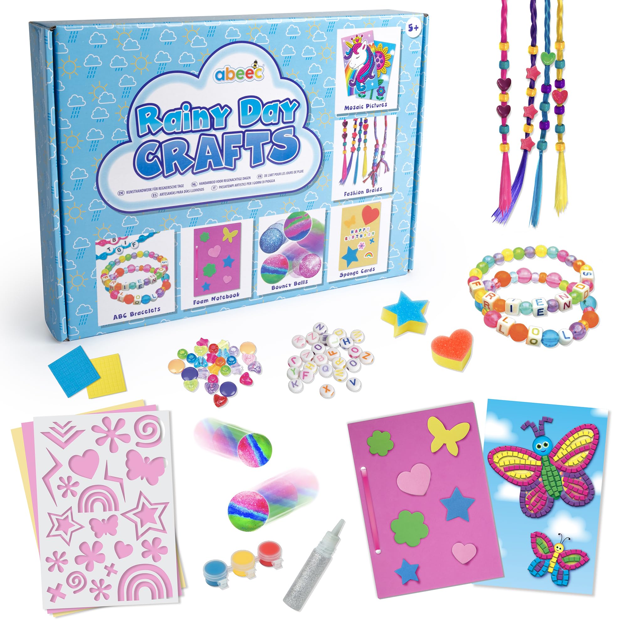 abeec Rainy Day Crafts – 6-in-1 Craft Kit for Girls 5+ | Bracelet Making, Mosaic Pictures, DIY Bouncy Balls, Foam Notebook, Hair Braiding & Card Making Set