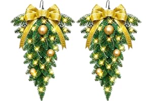 ENVEN Christmas Stair Swags Teardrop Swag Wreath Stair Swag Garlands,Christmas Swag Wreaths for Front Door Holiday Wall Window Hanging Ornaments Indoor Outdoor Home Decor (Green&Gold)