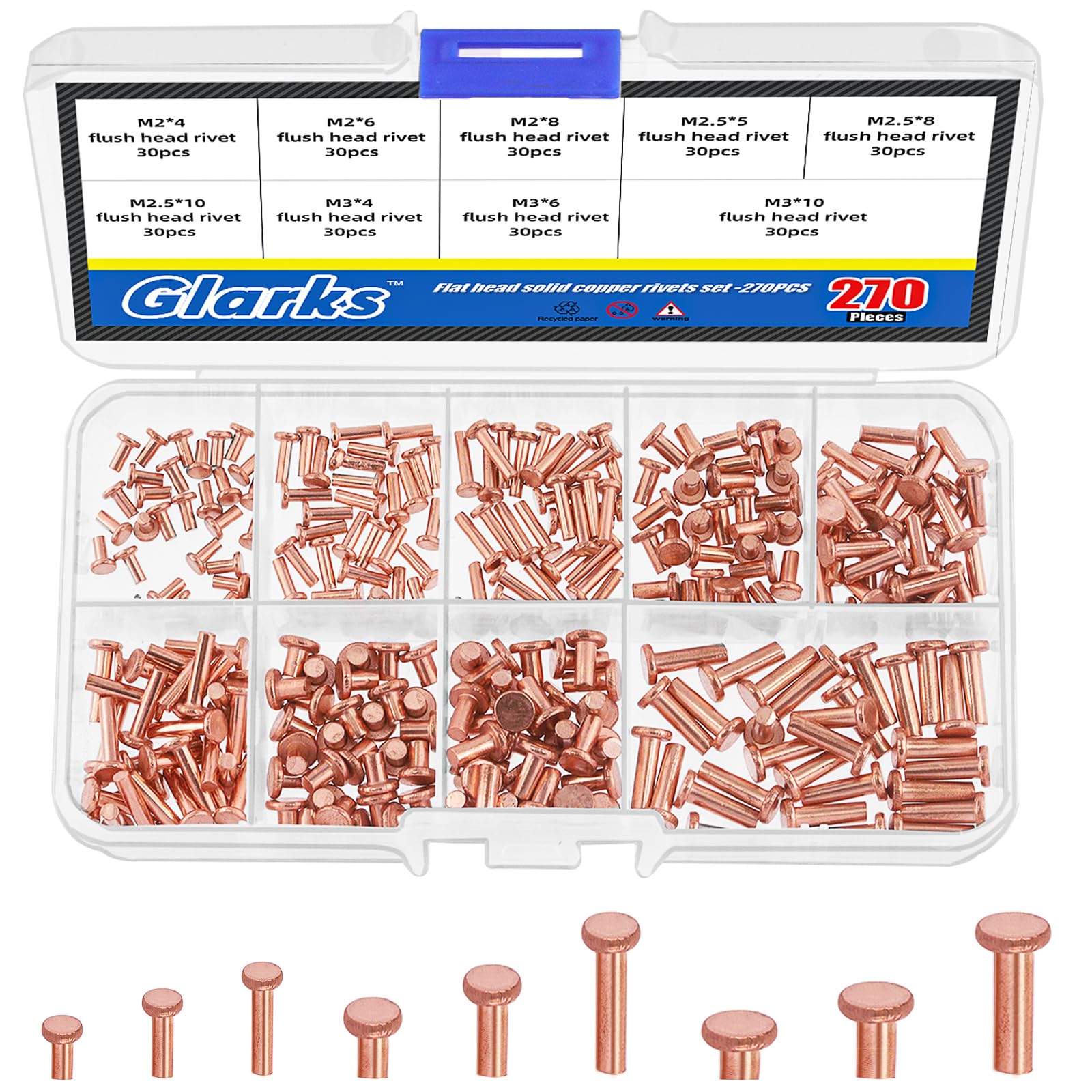 Glarks 270Pcs M2 M2.5 M3 Flat Head Solid Rivets, 9 Size Metal Copper Solid Rivet Fasteners for Electrical Applications, Leather Working Supplies