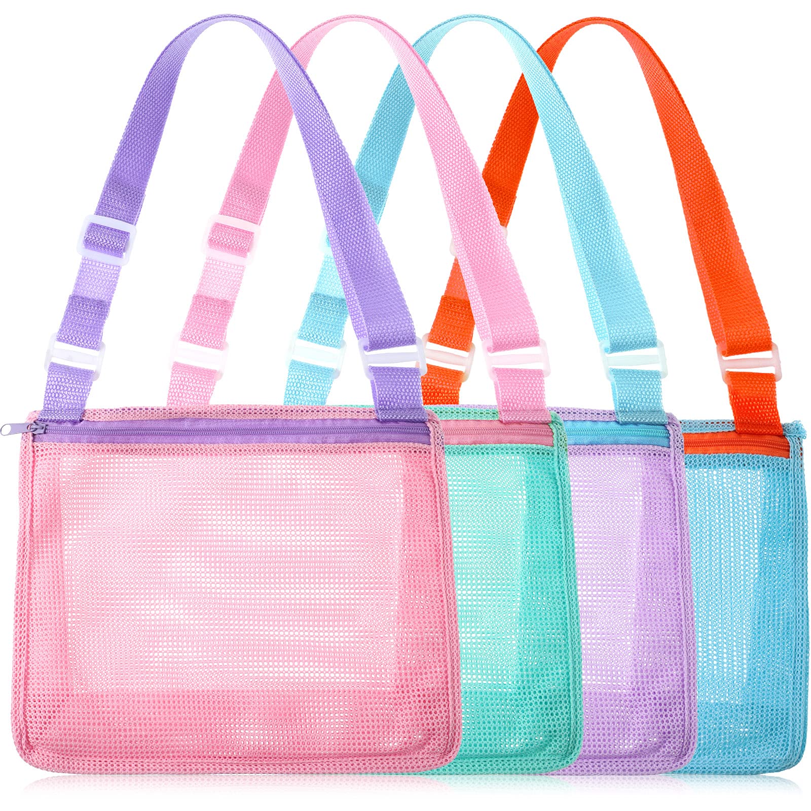 4 Pieces Beach Toy Mesh Bag Kids Shell Collecting Bag Mesh Beach Sand Toy Totes Colorful Mesh Beach Bag Swimming Accessories Storage Bag with Adjustable Carrying Straps
