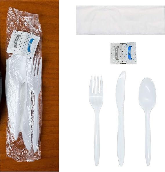 250 Plastic Cutlery Packets Knife Fork Spoon Napkin Salt Pepper Sets White Plastic