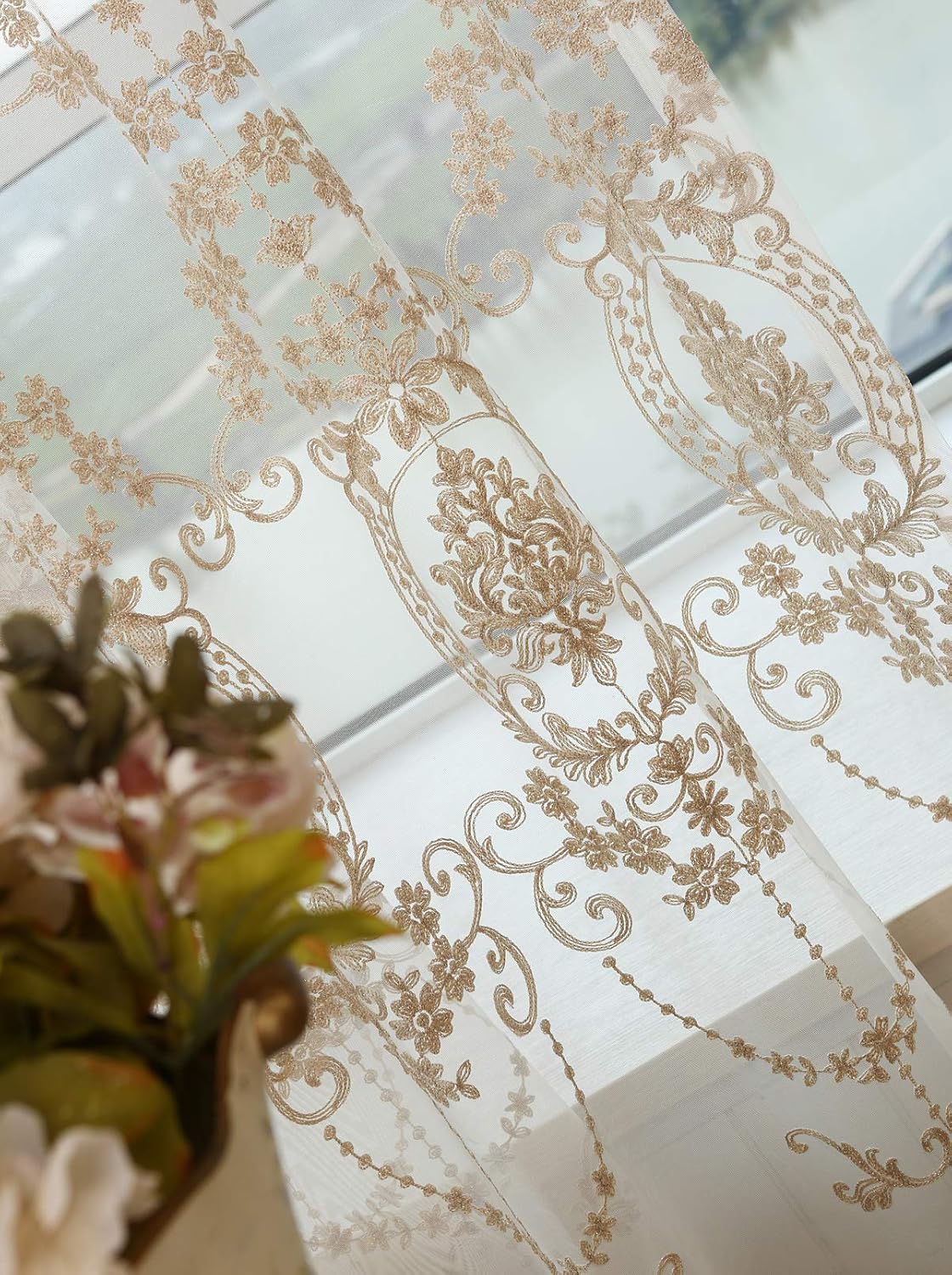 High Grade European Embroidered Sheer Curtains Rod Pockets Top Window Treatment Voile Panel Drape for Living Room Bedroom Kichen and Dining Room(1 Panel,W50 x L63 inch,Beige Bottom + Gold Embroidery): Home & Kitchen