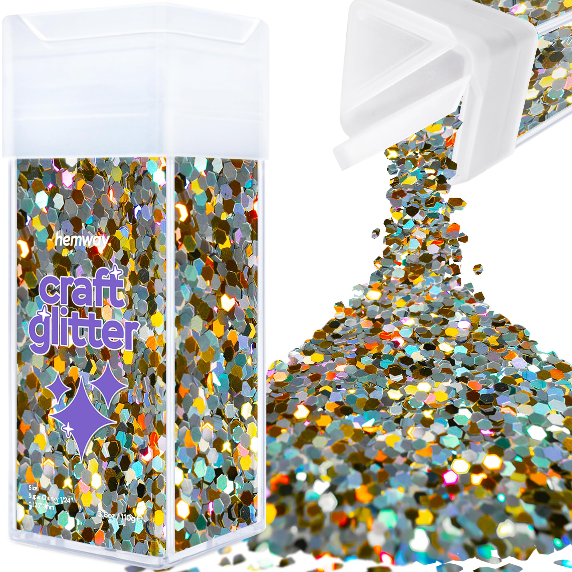 Hemway Glitter Shaker Gold Silver Holographic 110g Super Chunky, Craft Glitter Shaker for Resin & Epoxy Crafts, Christmas Art Supplies, Nail, Body, Face, Eye, Festival, Crafting, Slime, Sparkle