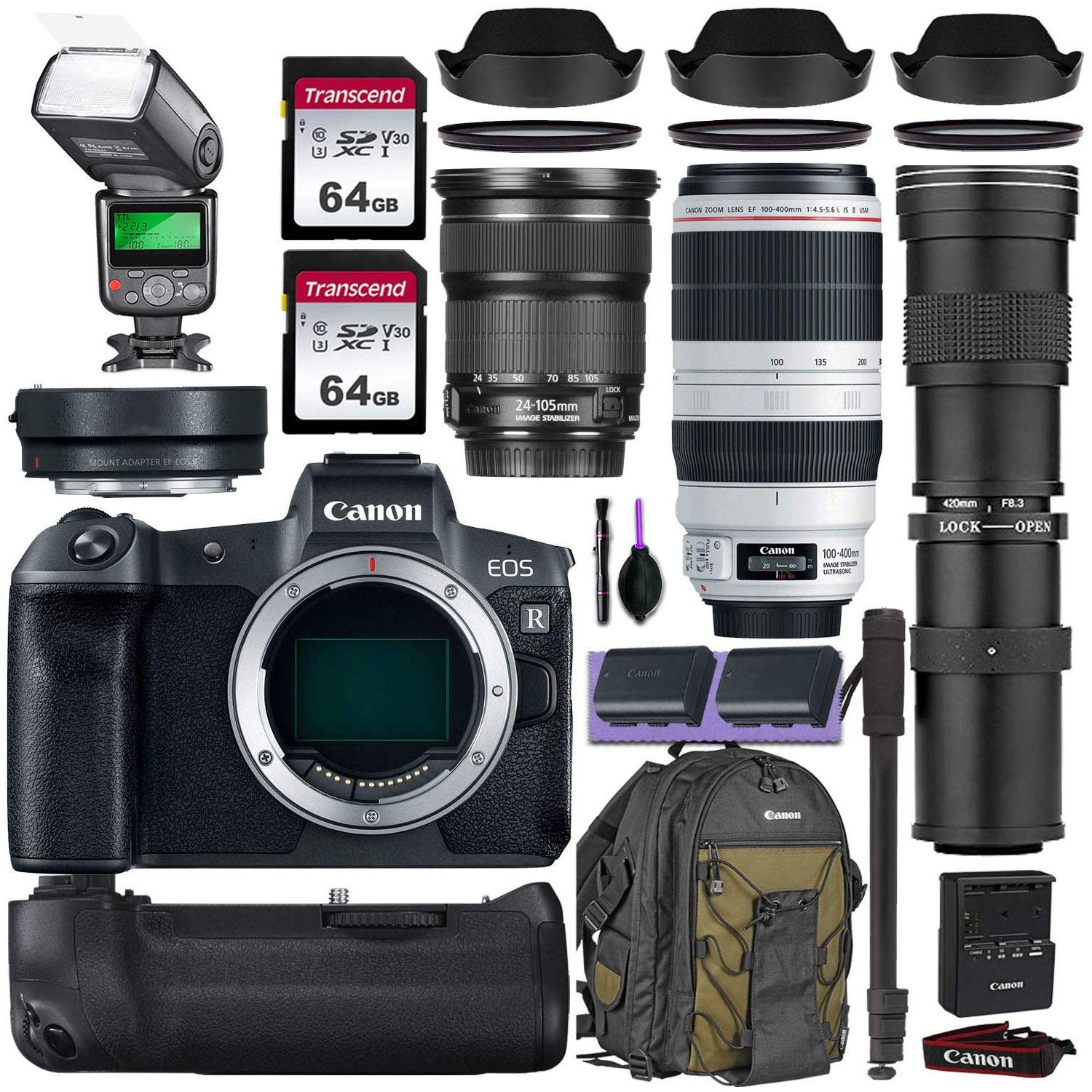 Canon EOS R Mirrorless Digital Camera w/Canon 24-105mm STM, Canon 100-400mm is II USM & Commander 42