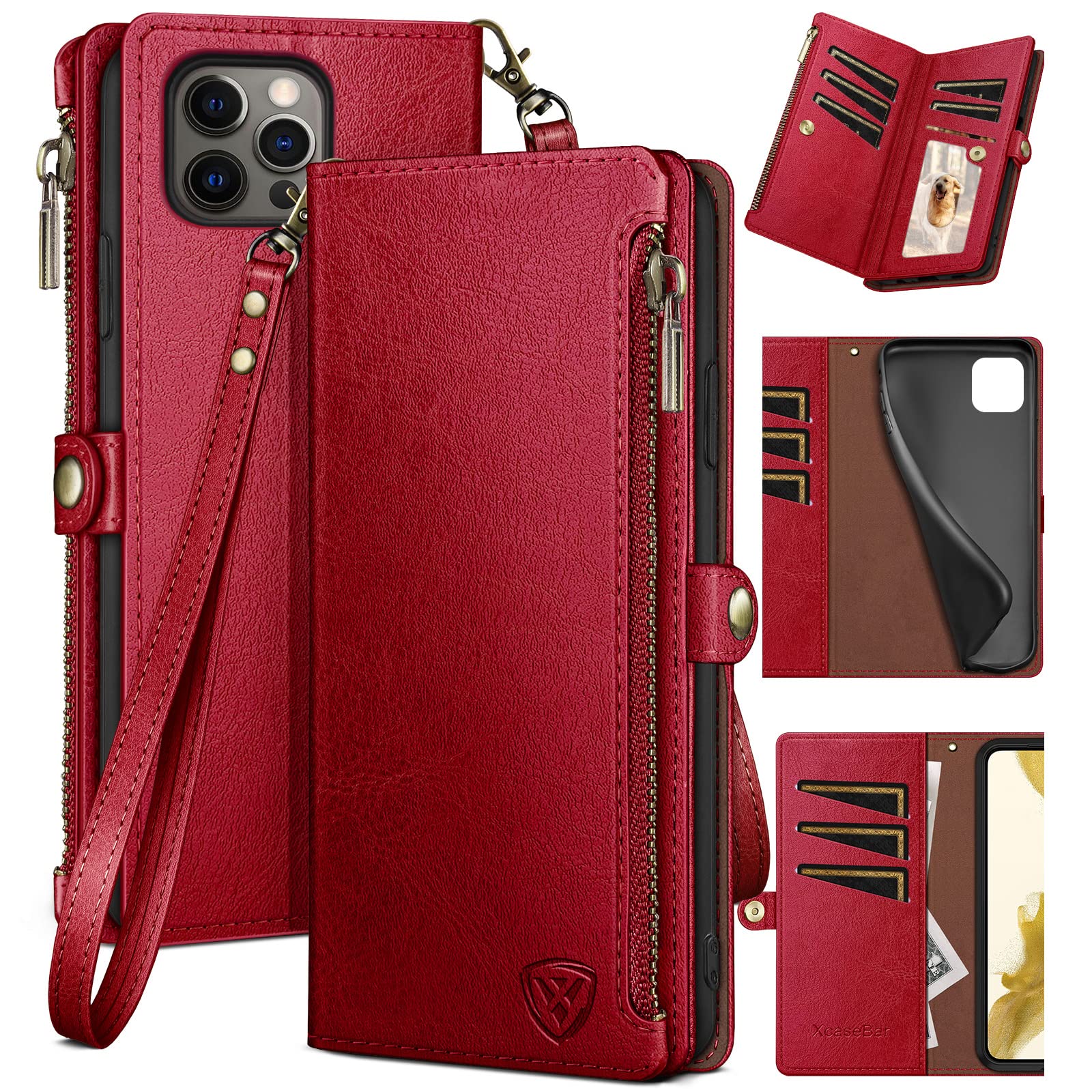 Photo 1 of XcaseBar for iPhone 15 Pro Max 6.7" Wallet case with Zipper Credit Card Holder RFID Blocking,Flip Folio Book PU Leather Shockproof Protective Cover Women Men for Apple 15 ProMax Phone case Red