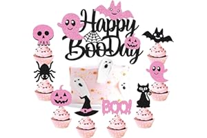 LONKISYL Happy Boo Day Cake Decoration Halloween Cupcake Topper Pink Black Birthday Cupcake Decoration Halloween Ghost Pumpkin Cat Skull Spider Bats Theme Holiday Party Supplies