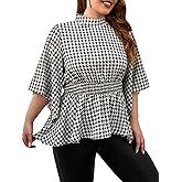 WDIRARA Women's Plus Size Houndstooth Print Plaid Ruch Ruffle Hem High Neck Flare Half Sleeve Casual Blouse Tops